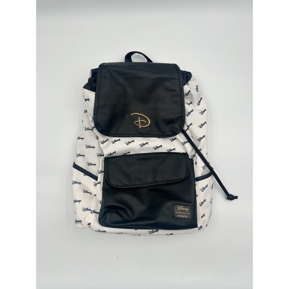 Disney Logo Slouch Backpack Women's‎ Black White Faux Leather Flap Drawstring